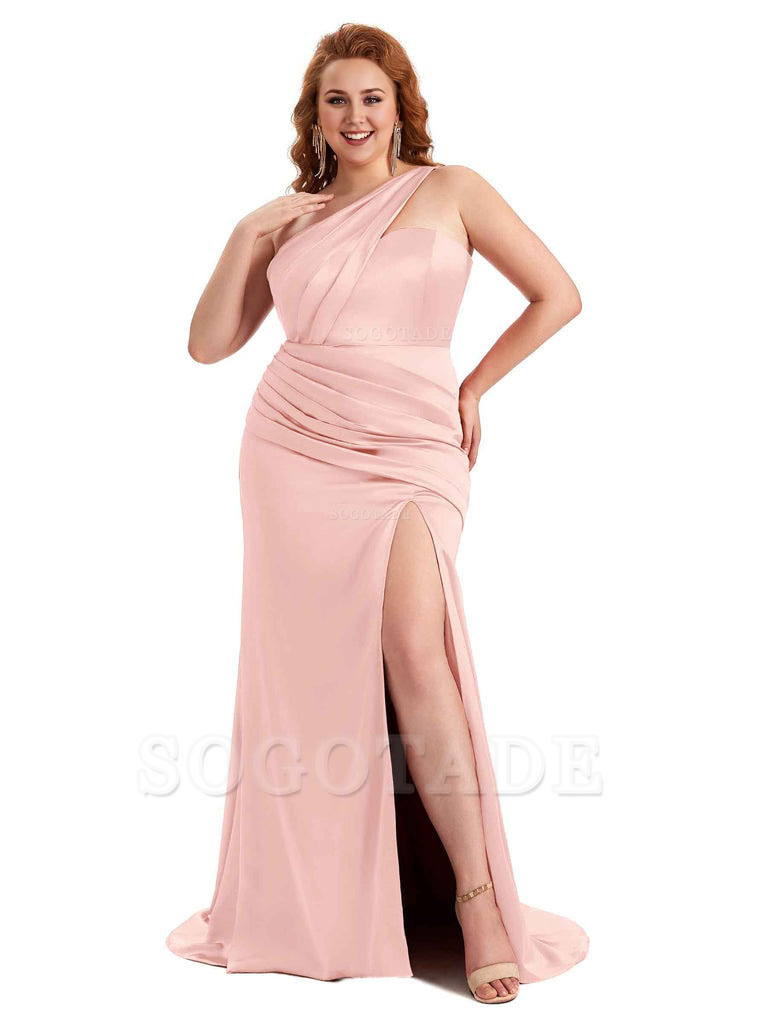 Sexy Side Slit One Shoulder Mermaid Soft Satin Long Plus Size Matron of Honor Dress For Wedding