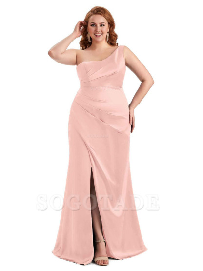 Sexy Side Slit One Shoulder Mermaid Long Plus Size Satin Maxi Dresses