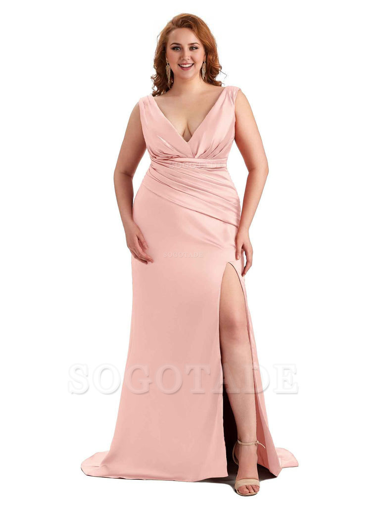 Elegant V-neck Side Slit Mermaid Soft Satin Long Plus Size Bridesmaid Dress For Wedding