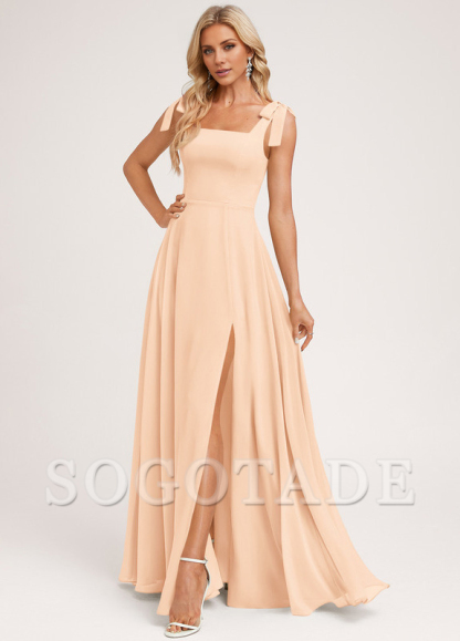 A-shaped square bow landing chiffon bridesmaid dress