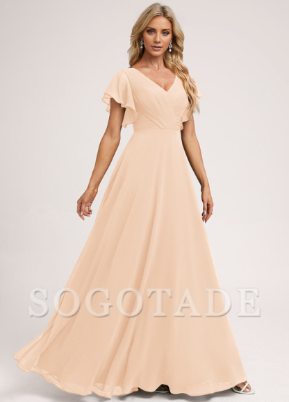 Ruffle A-line V-neck and floor chiffon bridesmaid dress