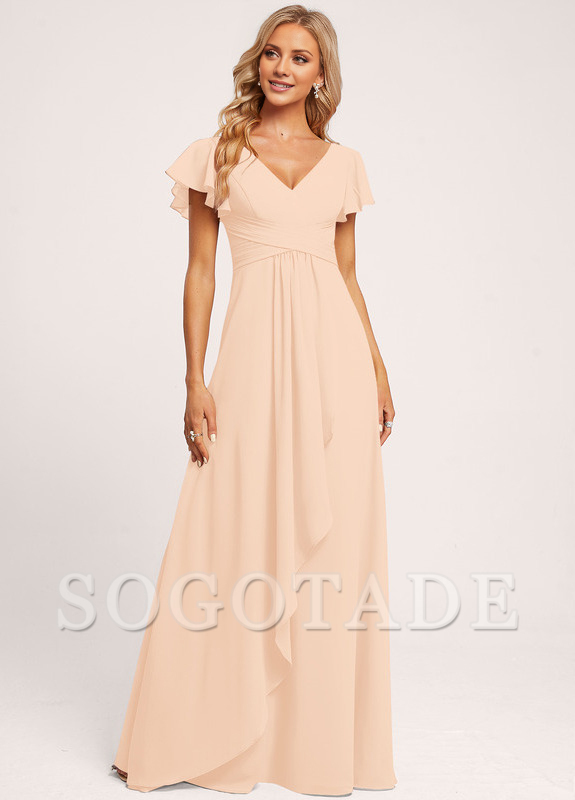 Ruffle A-line V-neck and floor chiffon bridesmaid dress