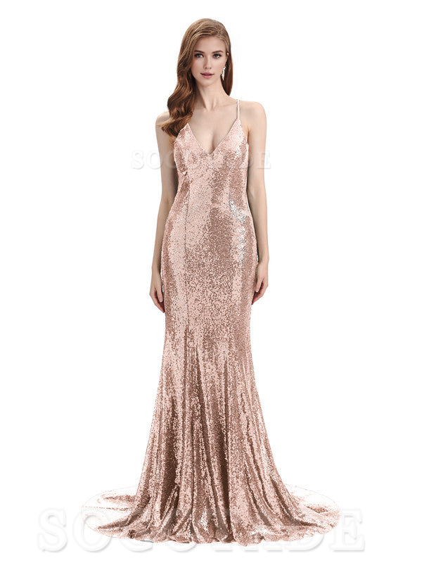 Deep V Neck Sexy Spaghetti Strap Backless Sequins Floor-Length Bridesmaid Dresses Bridesmaid Dresses Formal Women's Dresses Wedding Guest Dresses