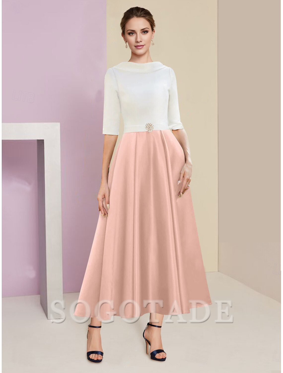 A-Line Mother of the Bride Dress Wedding Guest Elegant Vintage Jewel Neck Tea Length Charmeuse Half Sleeve with Pleats Crystals