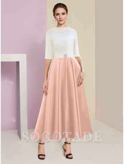 A-Line Mother of the Bride Dress Wedding Guest Elegant Vintage Jewel Neck Tea Length Charmeuse Half Sleeve with Pleats Crystals