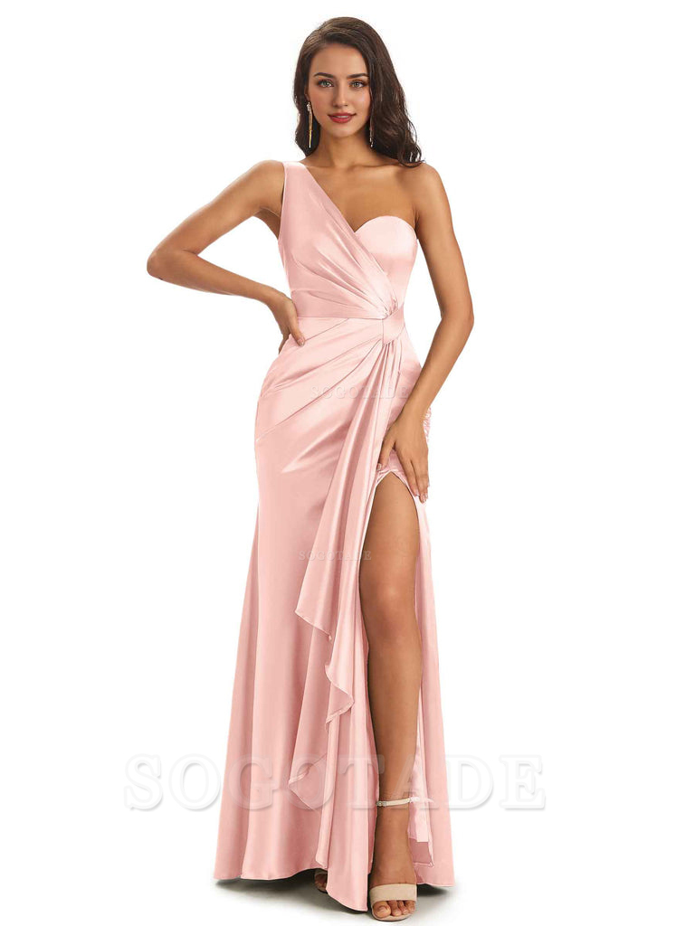 Elegant Soft Satin Side Slit One Shoulder Unique Mermaid Bridesmaid Dresses Online prom dresses shops