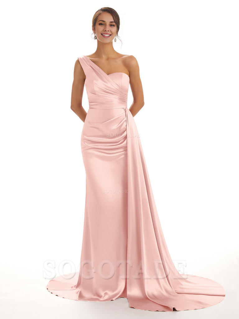Elegant One Shoulder Soft Satin Unique Mermaid Long Bridesmaid Dresses Online prom dresses shops