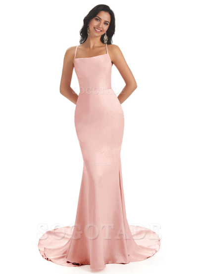 Mermaid Spaghetti Backless Straps Satin Long formal dresses evening gown Bridesmaid Dresses
