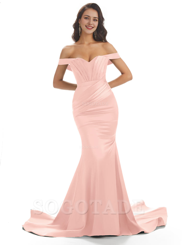 Sexy Mermaid Off The Shoulder Floor-Length Long Soft Satin Bridesmaid Dresses Online prom shop dresses