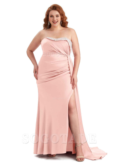 Sexy Side Slit Strapless Mermaid Lace Soft Satin Long Plus Size Maid of Honor Dresses