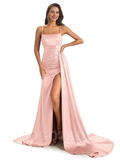 Sexy Soft Satin Side Slit Spaghetti Straps Long Mermaid Bridesmaid Dresses Online prom shop dresses ﻿