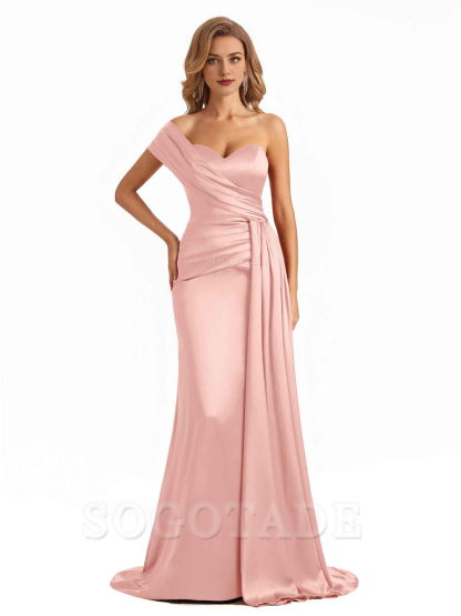 Elegant One Shoulder Soft Satin Long Mermaid Bridesmaid Dresses Online prom shop dresses ﻿