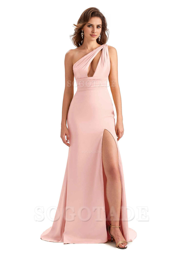 Charming Sexy Unique Side Slit Mermaid Silky One Shoulder Long Bridesmaid Dresses Formal Women's Dresses Wedding Guests Dresses