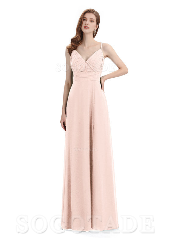 Chiffon V-Neck Spaghetti Strap Floor-Length Side Fork Long Bridesmaid Dresses Formal Women's Dresses Wedding Guests Dresses
