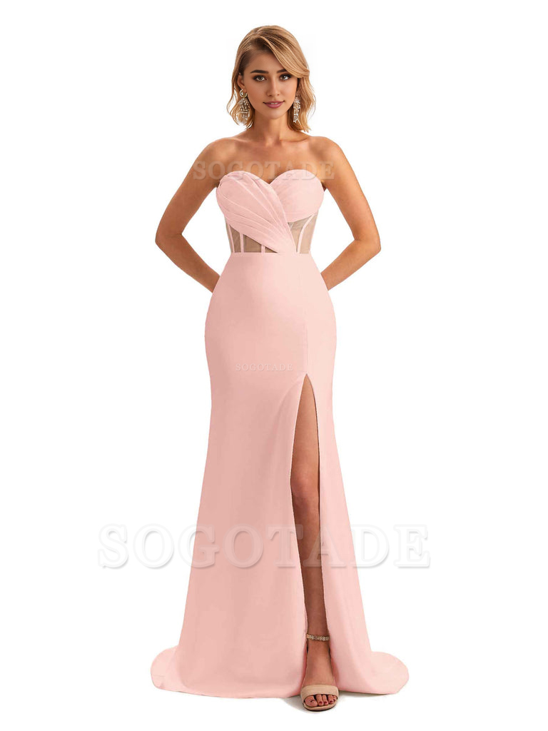Sexy Sweetheart Strapless Side Slit Mermaid Soft Satin Unique Long Bridesmaid Dress For Wedding
