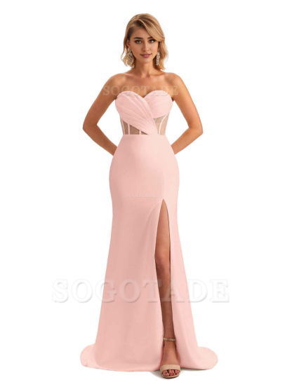 Sexy Sweetheart Strapless Side Slit Mermaid Soft Satin Unique Long Bridesmaid Dress For Wedding
