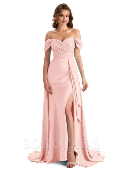 Sexy Side Slit Mermaid Soft Satin Off The Shoulder Long Unique Bridesmaid Dresses prom dress in store