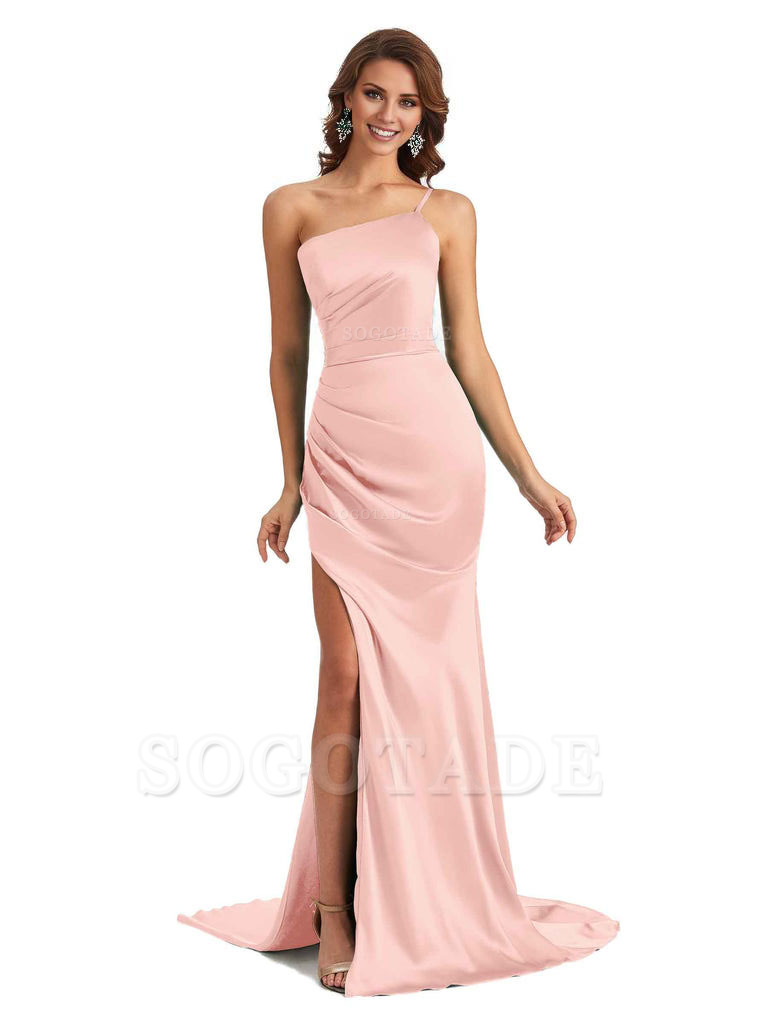 Sexy Silky Satin Side Slit One Shoulder Unique Long Wedding Guest Maxi Dresses