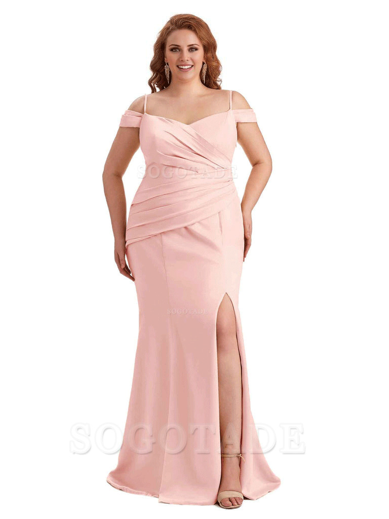 Elegant Cold Shoulder Side Slit Mermaid Soft Satin Long Plus Size Bridesmaid Gowns