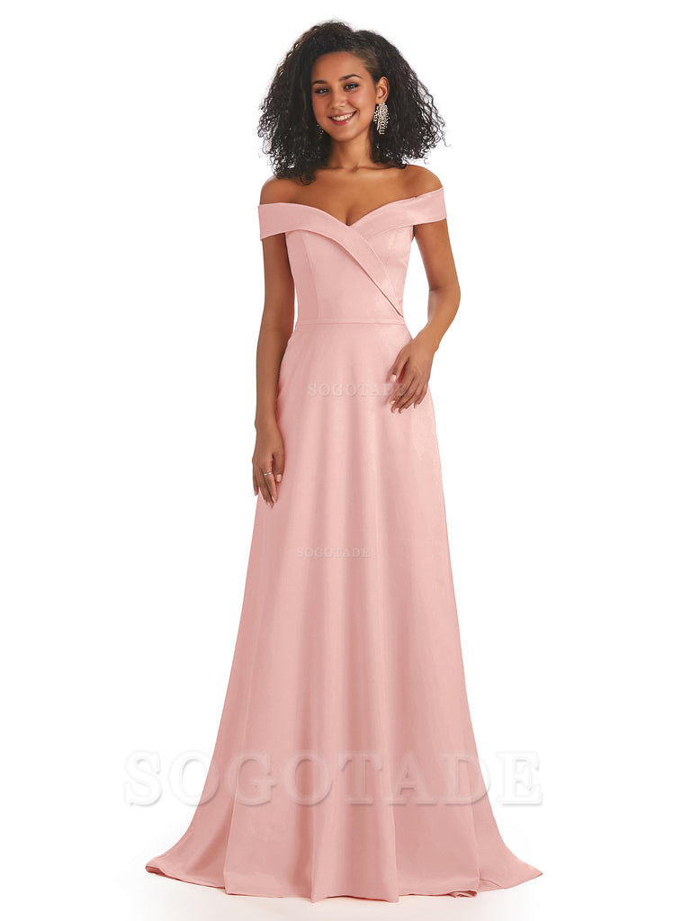 Soft Satin Off The Shoulder Long A-Line African Bridesmaid Dresses prom dress stores ﻿