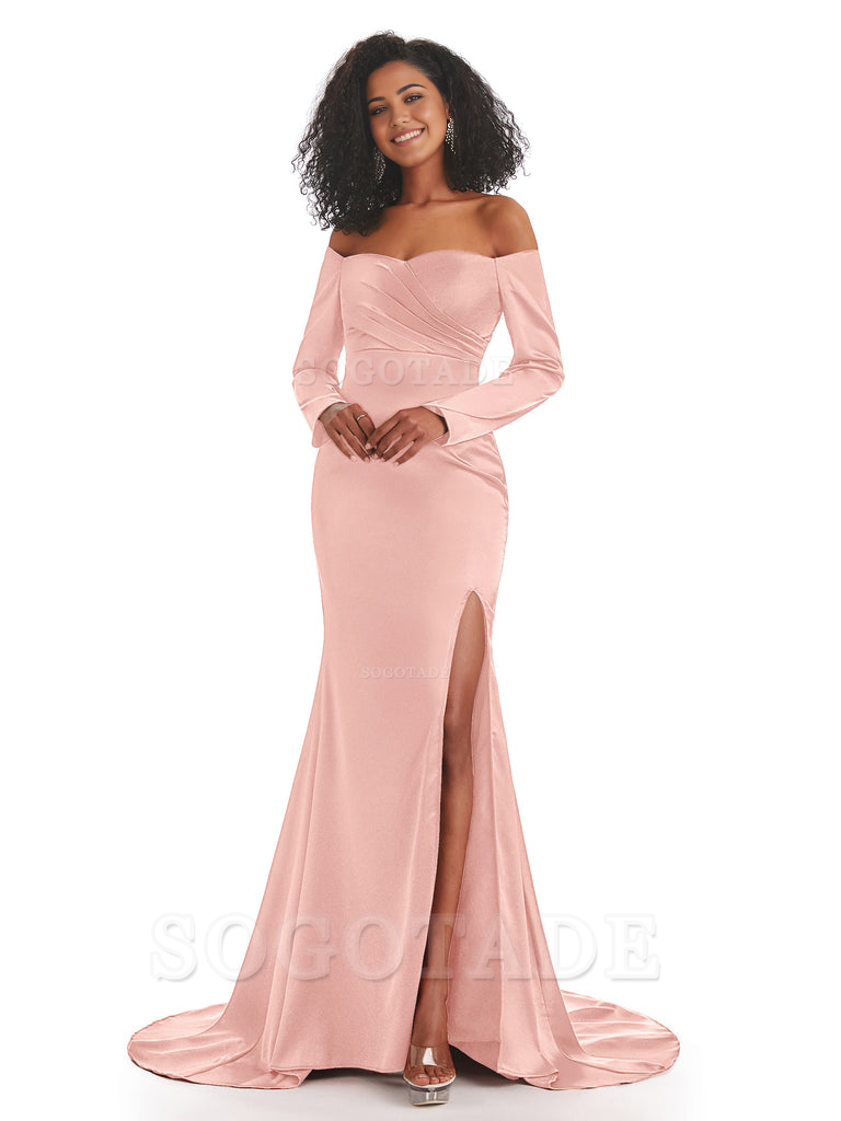 Mermaid Long Sleeve Satin formal dresses evening gown Bridesmaid Dresses With Side Slit 