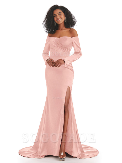 Mermaid Long Sleeve Satin formal dresses evening gown Bridesmaid Dresses With Side Slit 