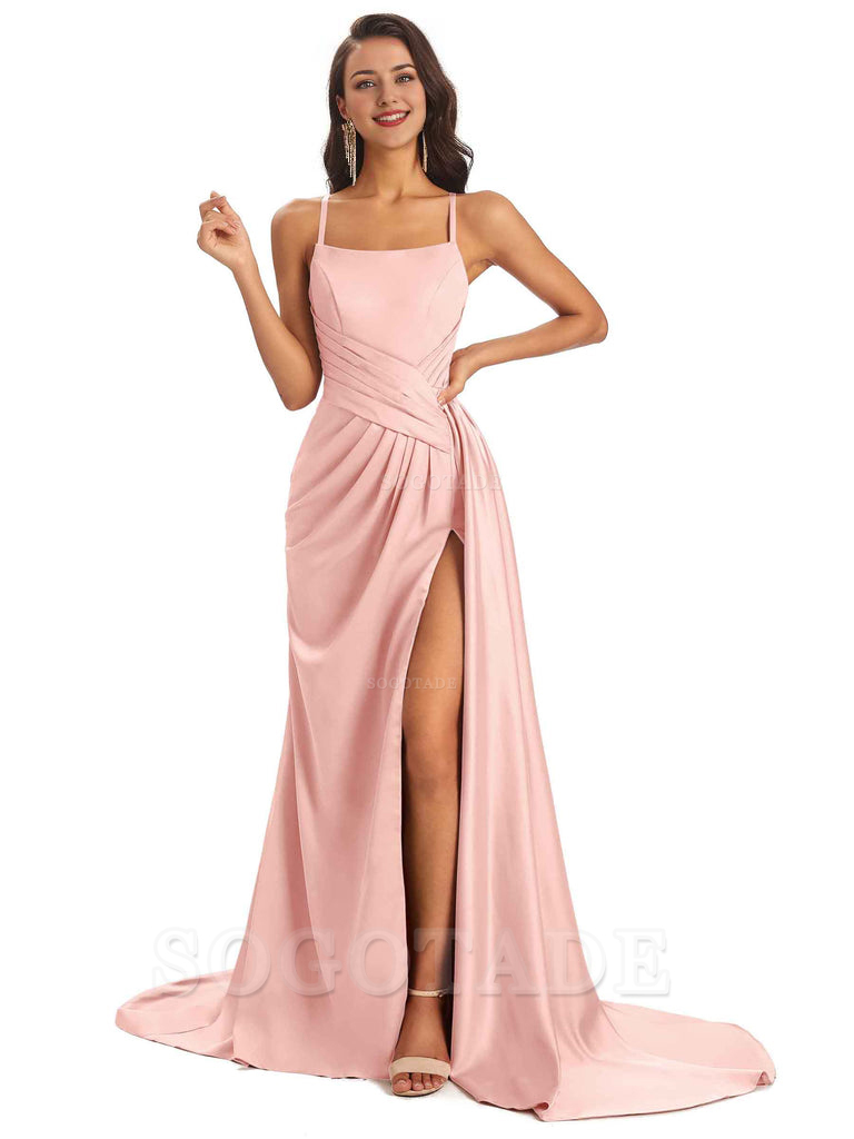 Sexy Soft Satin Side Slit Spaghetti Straps Long Maxi Bridesmaid Dresses prom shop dresses