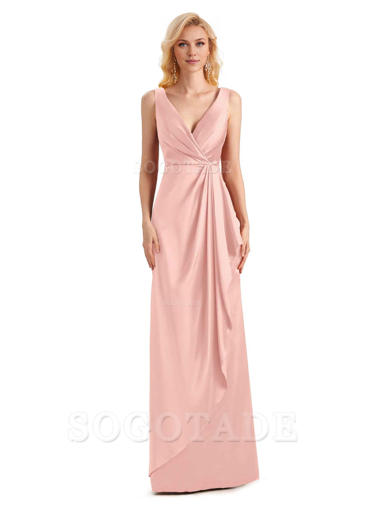 V Neck Elegant Soft Satin Formal Long Maid Bridesmaid Dresses Formal Wear Dresses