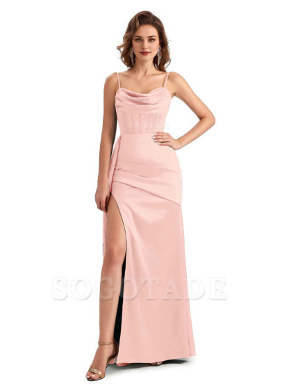 Sexy Side Slit Mermaid Silky Satin Spaghetti Straps Unique Wedding Guest Dresses