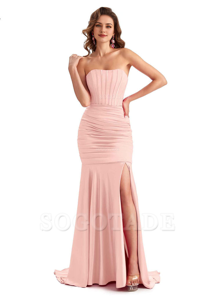 Sexy Strapless Side Slit Mermaid Silky Satin Formal Bridesmaid Dresses