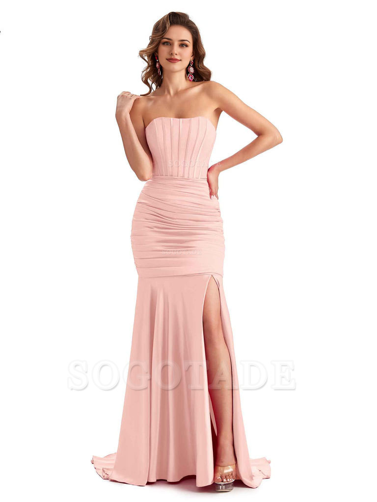 Sexy Strapless Side Slit Mermaid Silky Satin Formal Bridesmaid Dresses