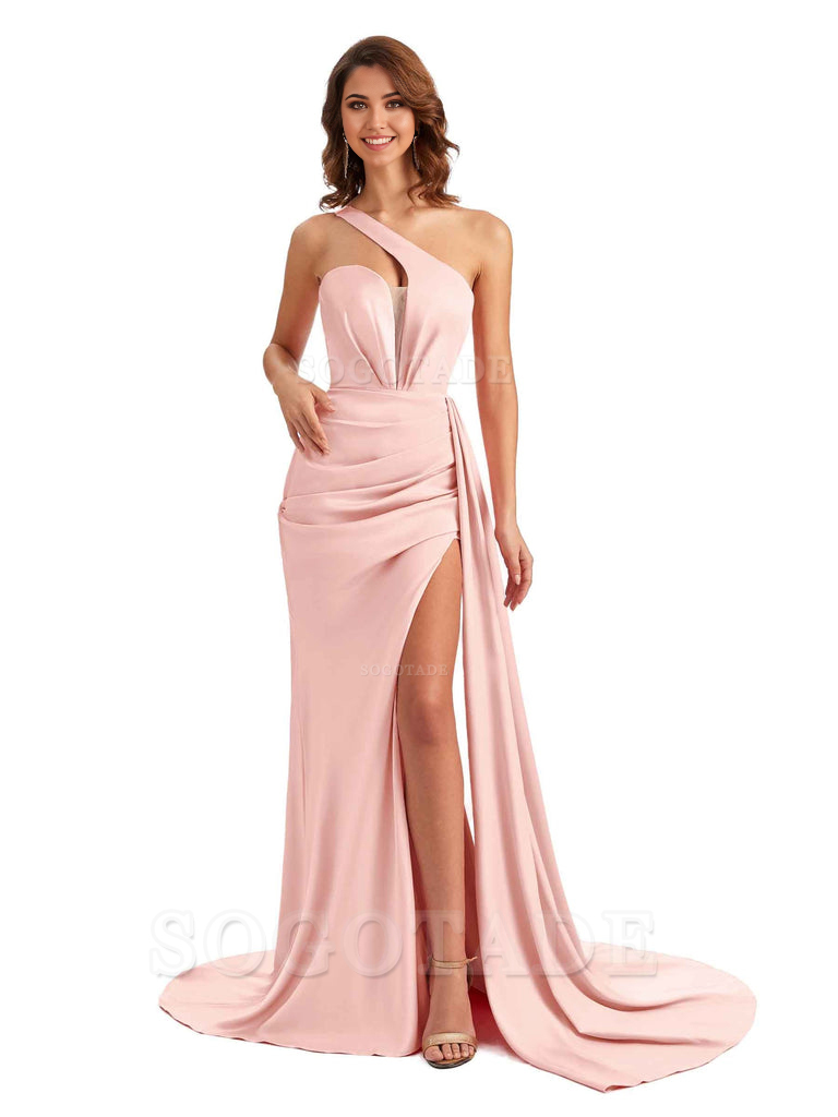 Mermaid One Shoulder Satin formal dresses evening gown Bridesmaid Dresses With Side Slit