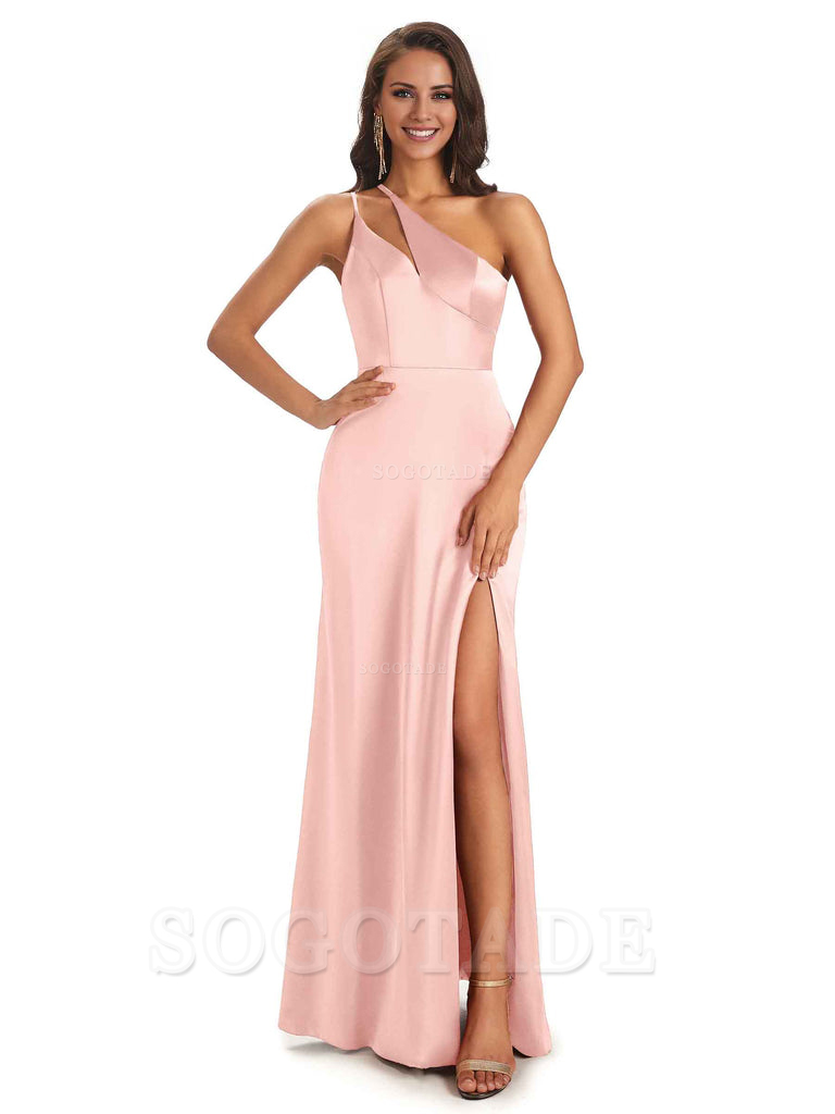 Sexy Soft Satin Side Slit One Shoulder Floor-Length Mermaid Long Bridesmaid Dresses Elegant Evening Party Dress
