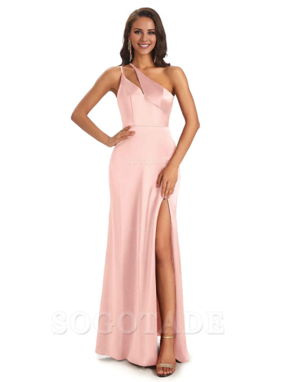 Sexy Soft Satin Side Slit One Shoulder Floor-Length Mermaid Long Bridesmaid Dresses Elegant Evening Party Dress