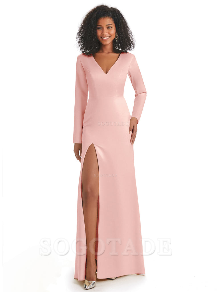 Soft Satin Side Slit Long Sleeves V-Neck Long African Mermaid Bridesmaid Dresses Elegant Evening Party Dress