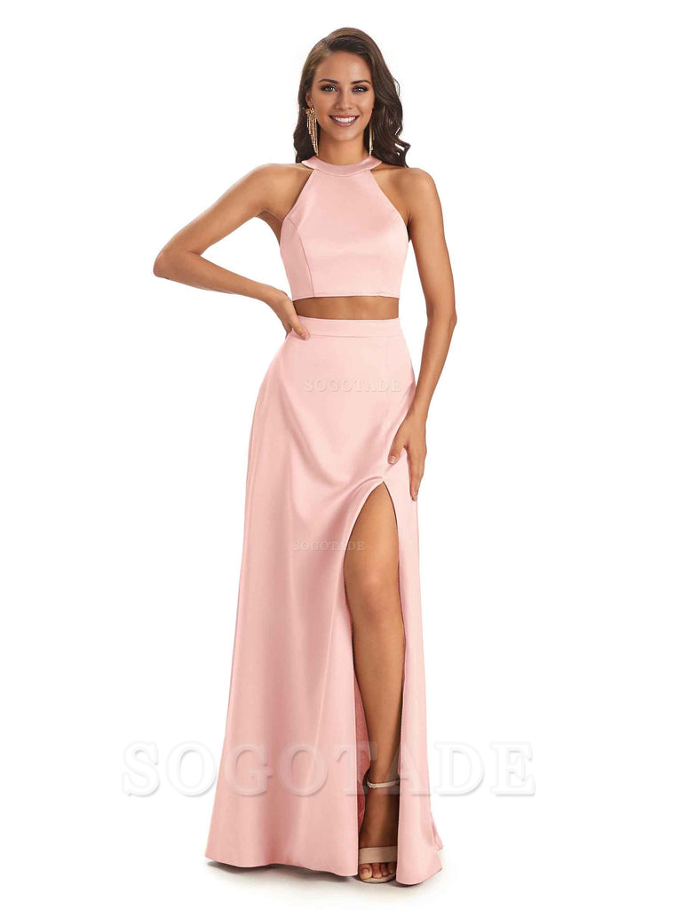 Soft Satin Two-Pieces Halter Side Slit Sexy Fashion Bridesmaid Dresses Charming Evening Party Dress