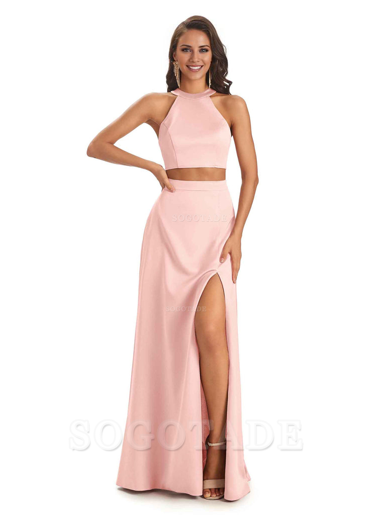 Soft Satin Two-Pieces Halter Side Slit Sexy Fashion Bridesmaid Dresses Charming Evening Party Dress