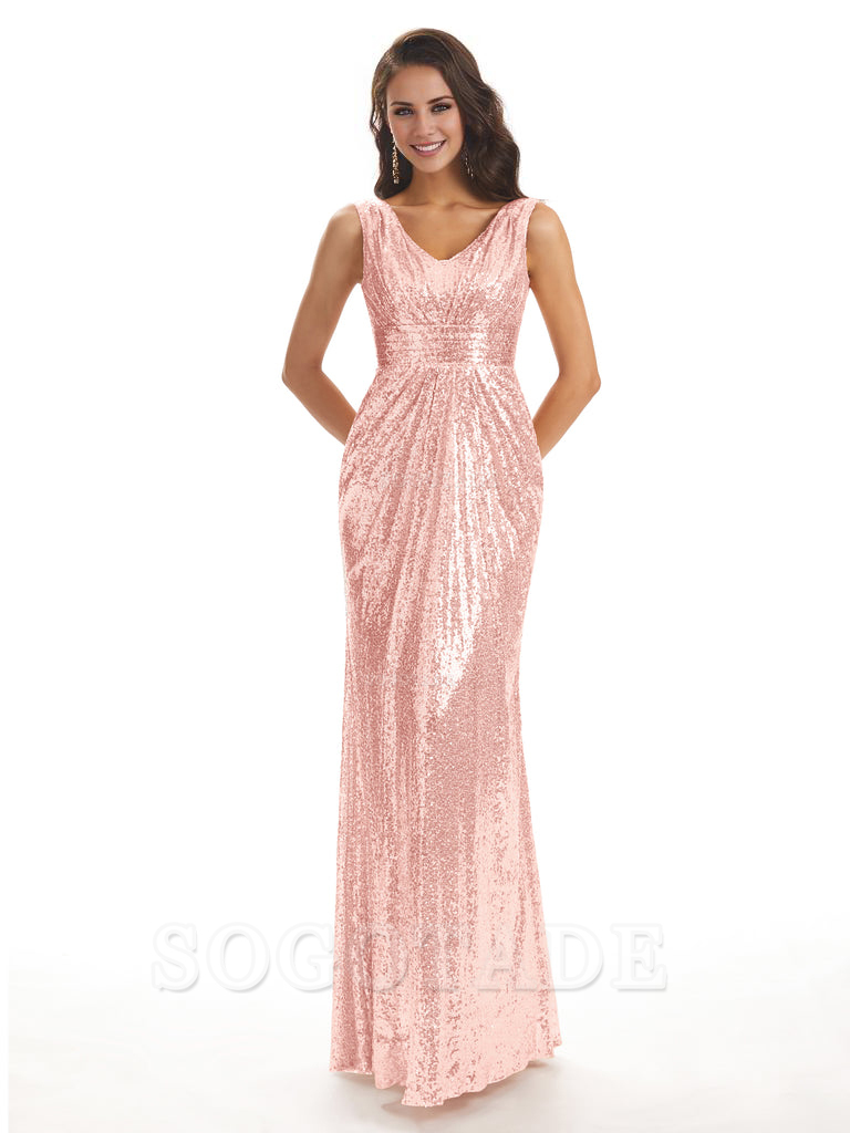 Sparkly V-Neck Sequin Long Mermaid Bridesmaid Dresses Sleeveless Charming Evening Party Dress