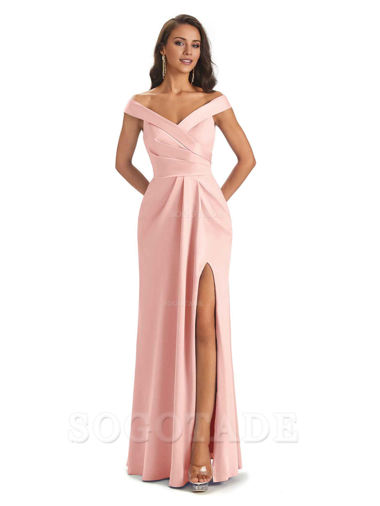 Sexy Soft Side Slit Off Shoulder V-Neck Long Satin Ladies Bridesmaid Dresses Elegant Evening Party Dress