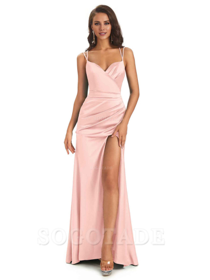 Sexy Soft Satin Side Slit Spaghetti Straps Long Maxi Mermaid Bridesmaid Dresses Elegant Evening Party Dress