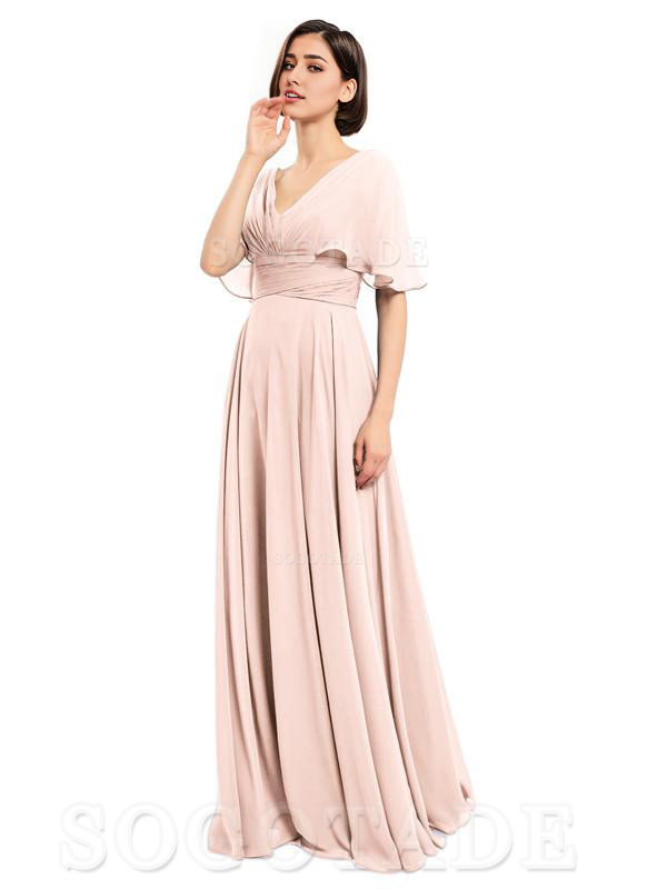  V-Neck Cap Sleeves Sleeves Chiffon Long Elegant Bridesmaid Dresses Formal Wear Dresses
