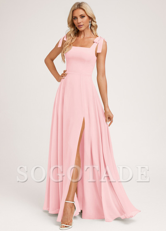 A-shaped square bow landing chiffon bridesmaid dress