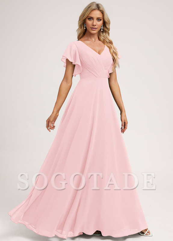 Ruffle A-line V-neck and floor chiffon bridesmaid dress