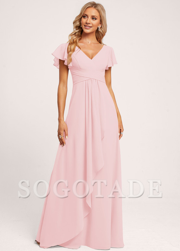 Ruffle A-line V-neck and floor chiffon bridesmaid dress