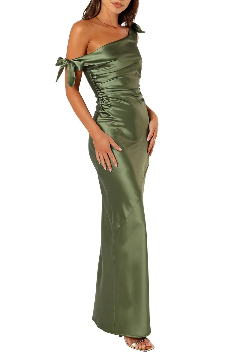 A noble one shoulder off the shoulder satin bow long evening dress-SOGOTADE