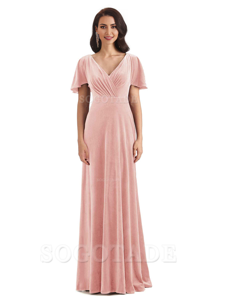 V-Neck Sexy See Through Short Sleeves Lace up Velvet Long Bridesmaid Dresses Formal Women's Dresses Wedding Guests Dresses