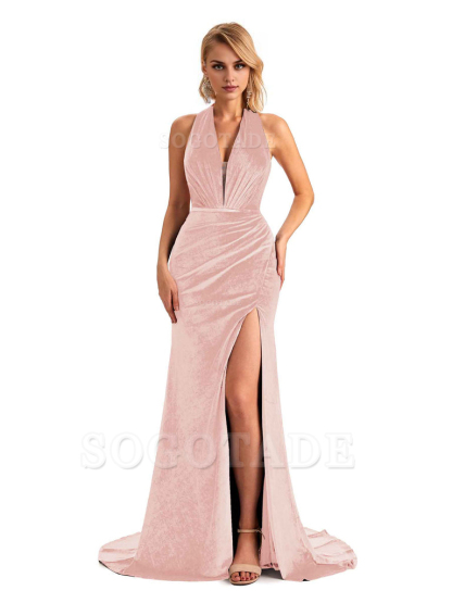 Sexy Deep V Neck Backless Mermaid Halter Side Slit Velvet Long Bridesmaid Dresses Online