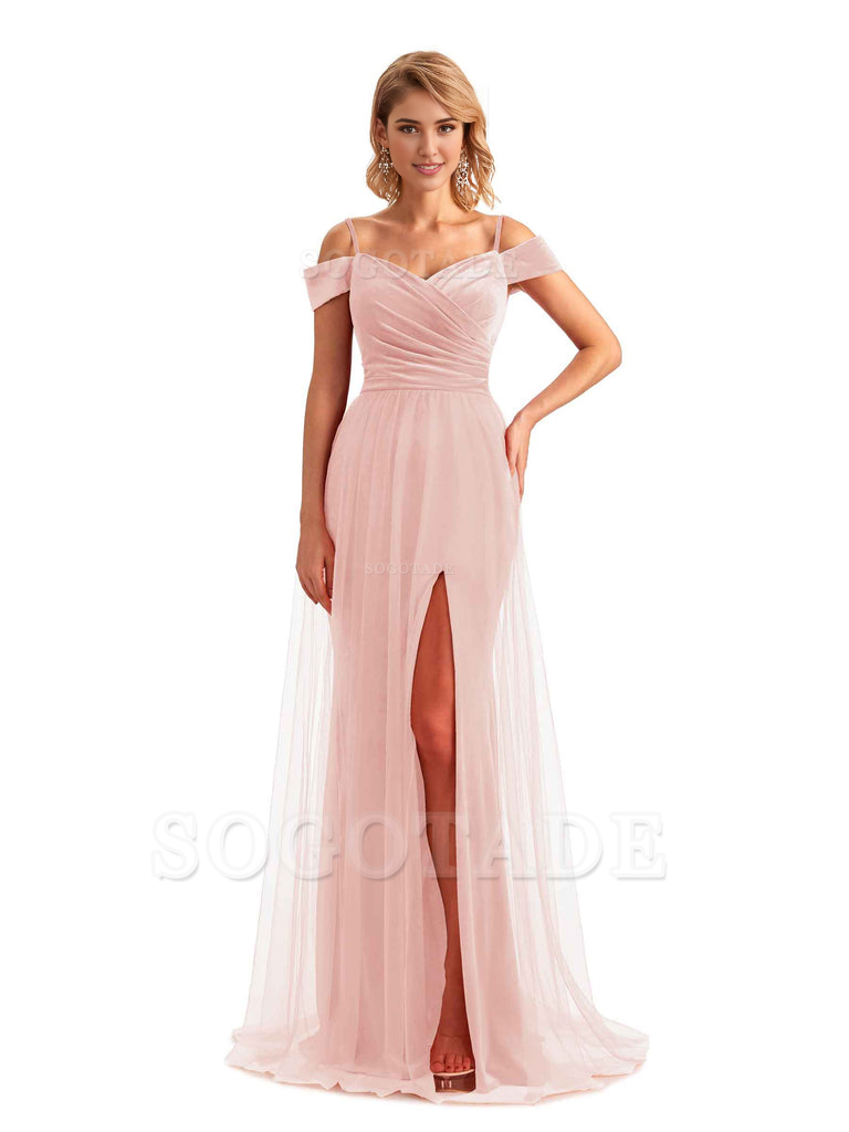 Elegant Mermaid Spaghetti Straps Floor Length Cold Shoulder Side Slit Tulle Velvet Long Bridesmaid Dresses