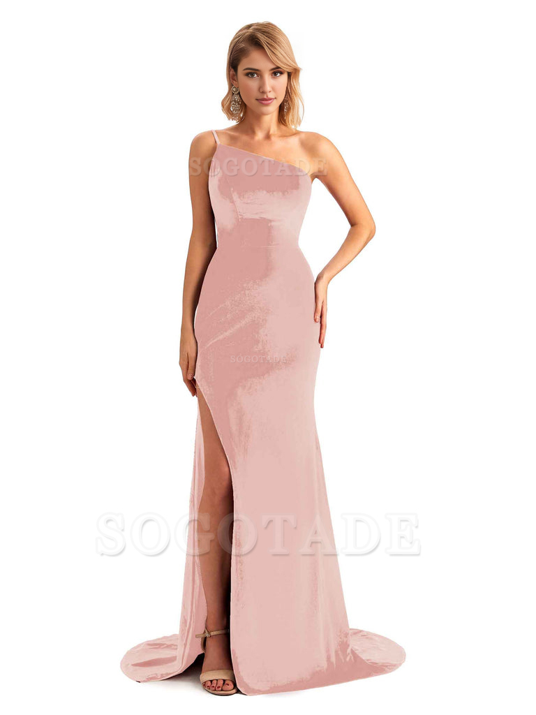 Sexy Side Slit Mermaid Spaghetti Straps One Shoulder Formal Velvet Long Bridesmaid Dresses