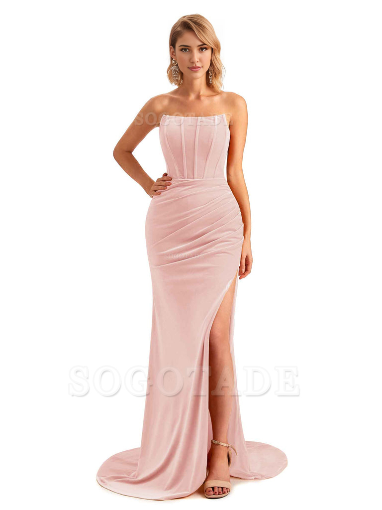  Sexy Side Hight Slit Sleeveless Mermaid Strapless Velvet Long Bridesmaid Dresses Online